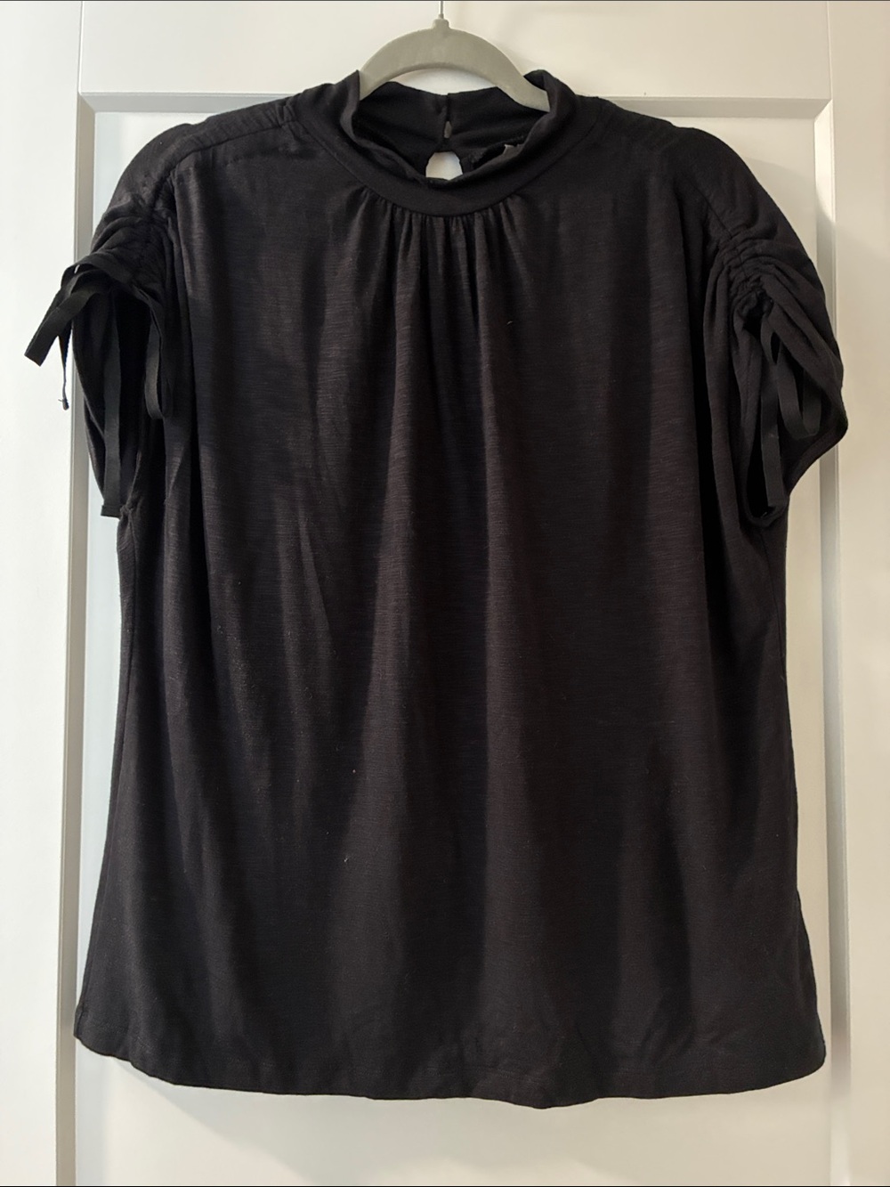 Anthropologie Black Short-Sleeve Tie-Detail Crewneck Top
